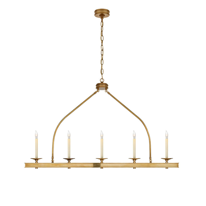 The Launceton Linear Chandelier has five candle-like lights on an antique burnished brass lantern inspired pendant.