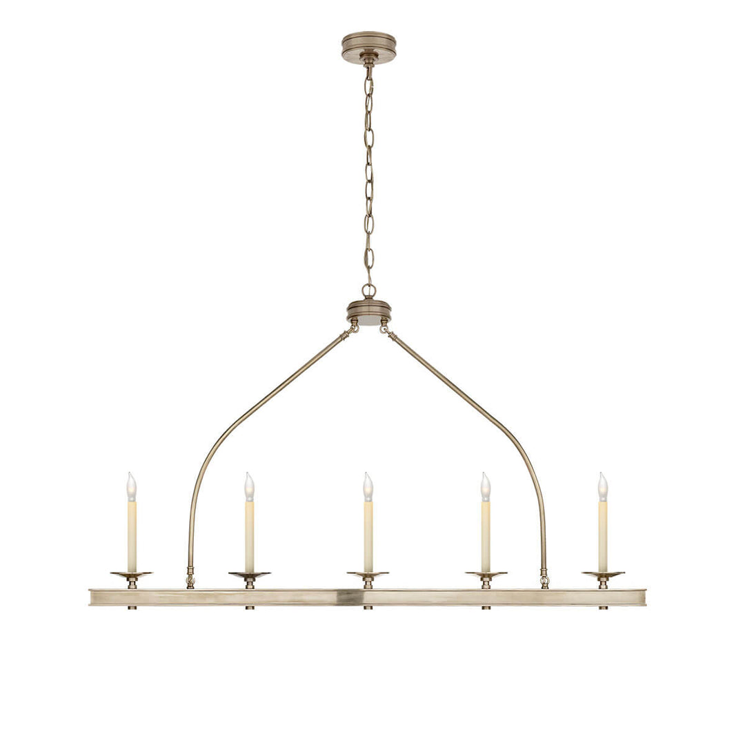 The Launceton Linear Chandelier has five candle-like lights on an antique nickel lantern inspired pendant.