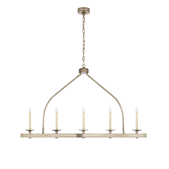 The Launceton Linear Chandelier has five candle-like lights on an antique nickel lantern inspired pendant.
