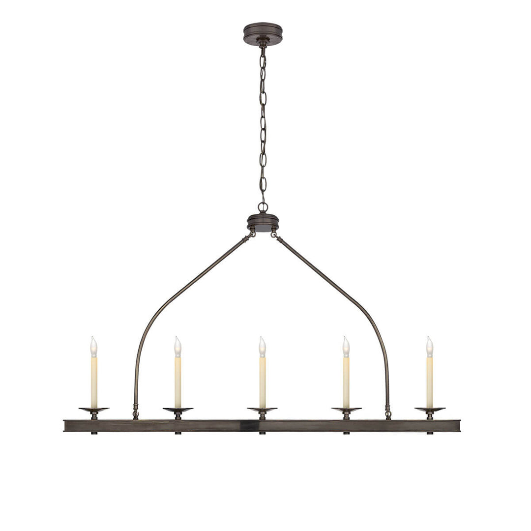 The Launceton Linear Chandelier has five candle-like lights on a bronze lantern inspired pendant.