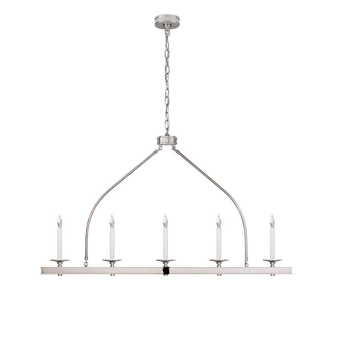 The Launceton Linear Chandelier has five candle-like lights on a polished nickel lantern inspired pendant.