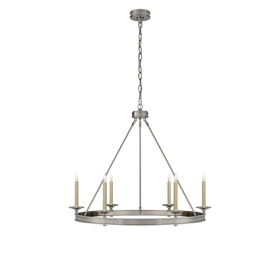 The Launceton Ring Chandelier is a large traditional, candelabra chandelier with an antique nickel finish and six candle lights around the circle base.