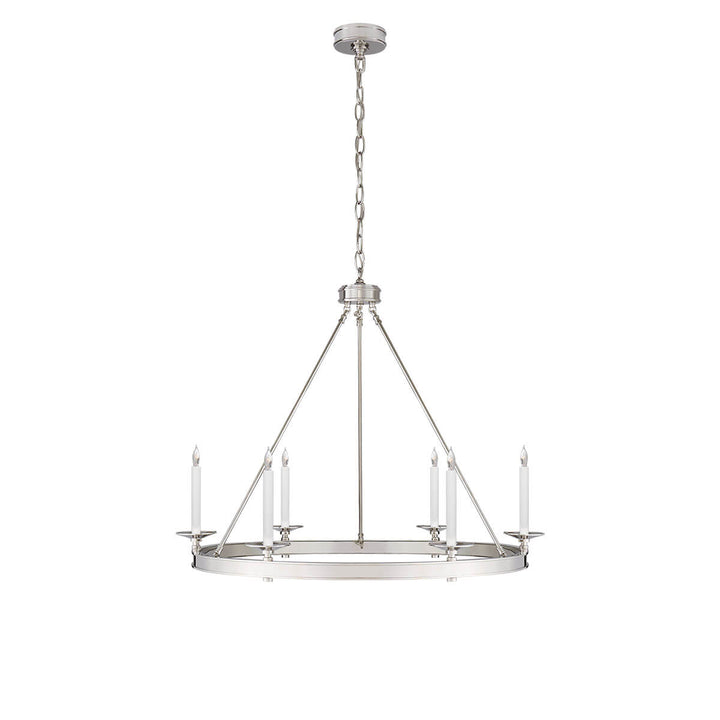 The Launceton Ring Chandelier is a large traditional, candelabra chandelier with a polished nickel finish and six candle lights around the circle base.