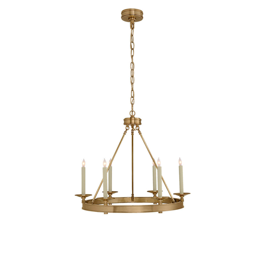 The Launceton Ring Chandelier is a circle pendant light in an antique burnished brass finish with six candle lights around a ring base.