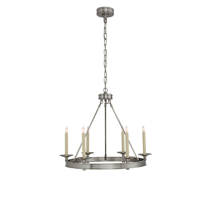 The Launceton Ring Chandelier is a circle pendant light in an antique nickel finish with six candle lights around a ring base.