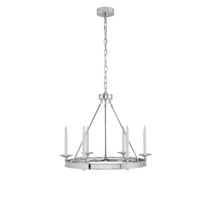 The Launceton Ring Chandelier is a circle pendant light in a polished nickel finish with six candle lights around a ring base.
