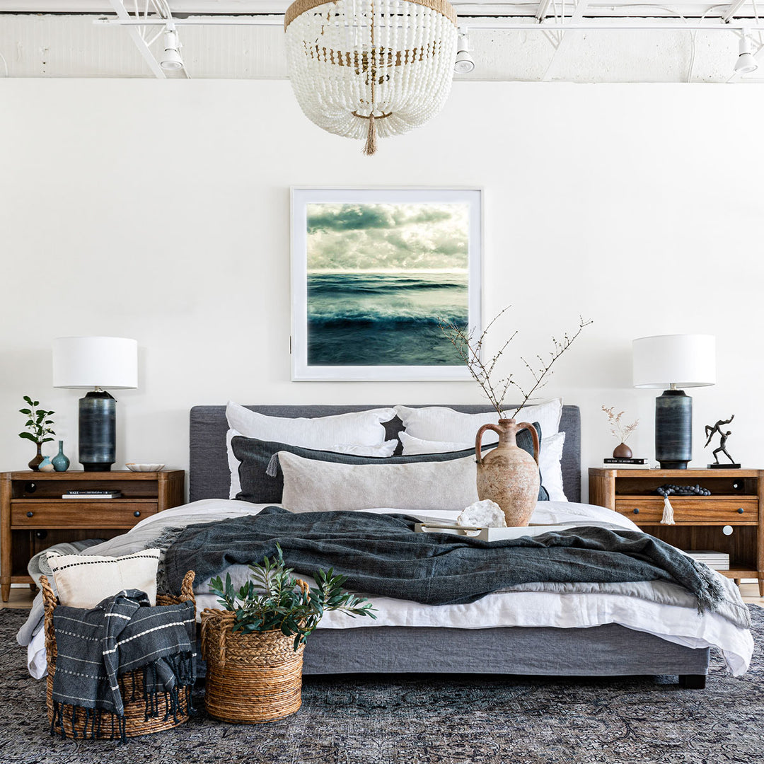 Modern bedroom style with charcoal and grey accents.