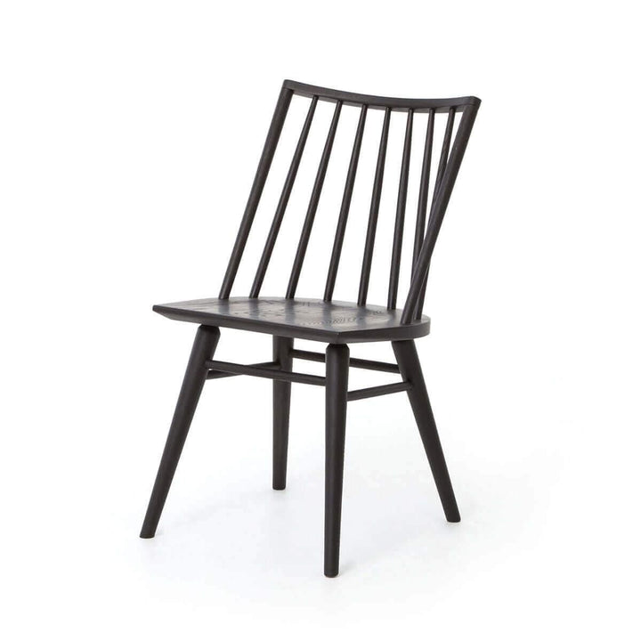 Traditional solid wood dining chair with a rounded, spindle back and a black oak finish.