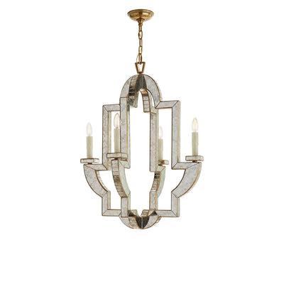 The Lido medium Chandelier has a unique, Mediterranean inspired shape with antique mirrored finish, four candle lights and a hand-rubbed antique brass frame.