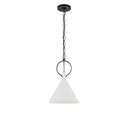 The Limoges Medium Pendant has a natural rusted iron finished chain and ring detail and a funnel shaped shade in a plaster white finish.