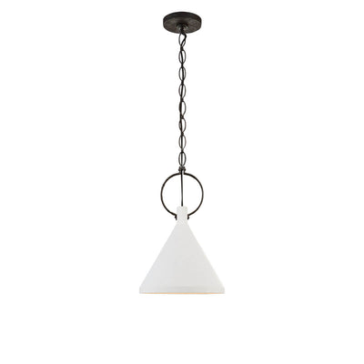 The Limoges Medium Pendant has a natural rusted iron finished chain and ring detail and a funnel shaped shade in a plaster white finish.
