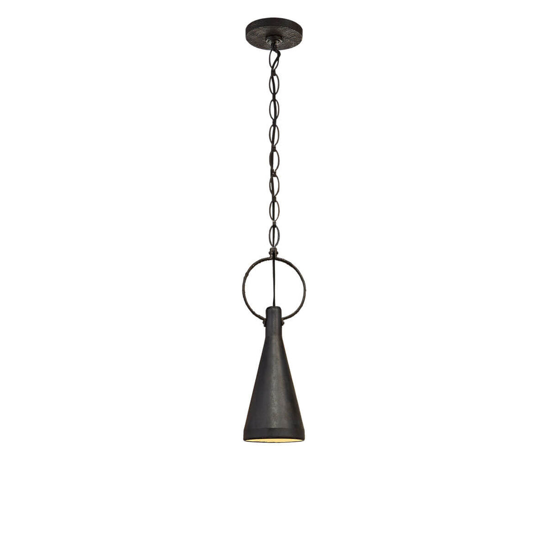 The Limoges Small Pendant has a natural rusted iron finished chain and aged iron finished, funnel shaped shade and ring detail.