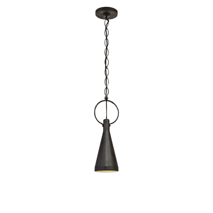 The Limoges Small Pendant has a natural rusted iron finished chain and aged iron finished, funnel shaped shade and ring detail.