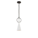 The Limoges Small Pendant has a natural rusted iron finished chain and plaster white finished, funnel shaped shade and ring detail.