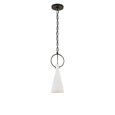 The Limoges Small Pendant has a natural rusted iron finished chain and plaster white finished, funnel shaped shade and ring detail.
