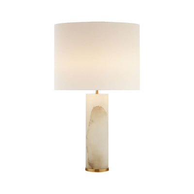 The Lineham Table Lamp has a cylindrical alabaster base and a linen lamp shade.