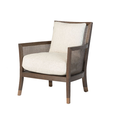Lockwood Occasional Chair with a brushed espresso finish on birch wood. This comfortable, upholstered cushioned chair is perfect for a boho-chic living room.