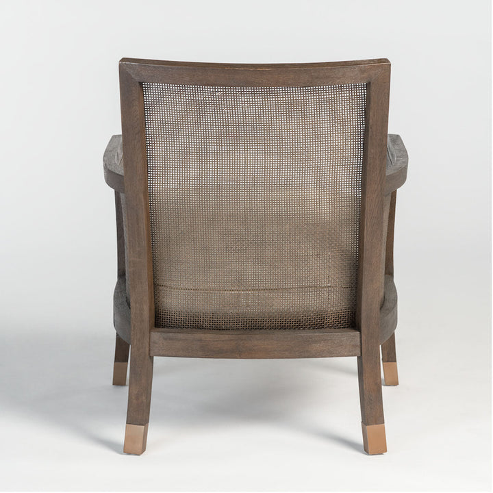Back view of the Lockwood Occasional Chair, featuring a modern wooden mesh in an espresso toned birch wood.