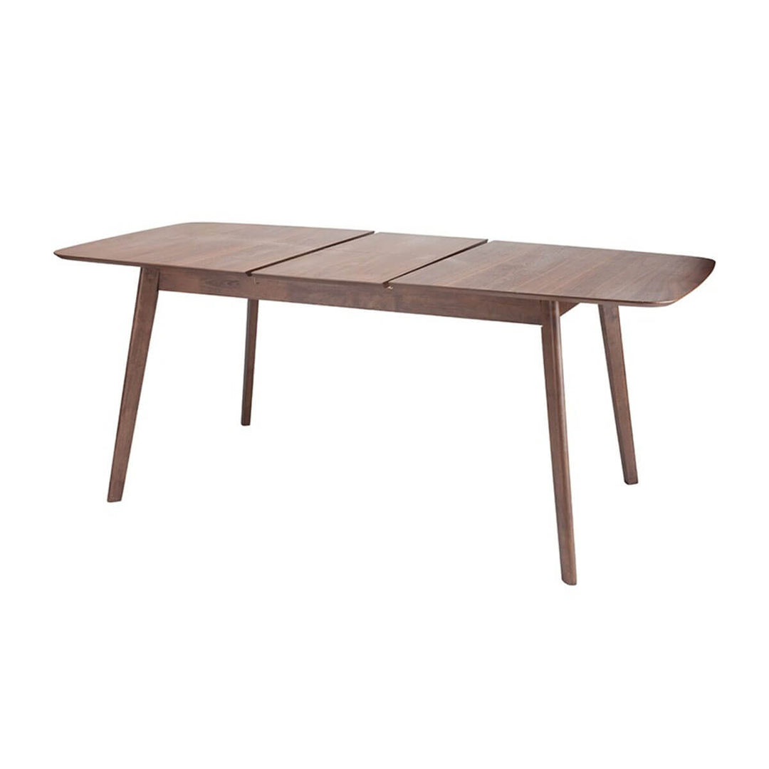 Wooden midcentury modern table with adjustable leaves.