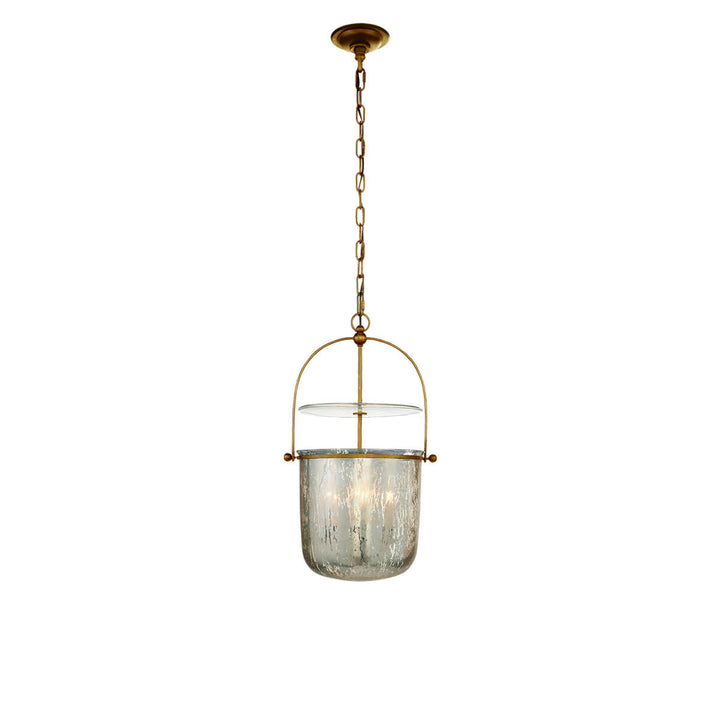 The Lorford Bell Lantern has a smokey mercury glass, bell shaped light with a gild chain and hardware.