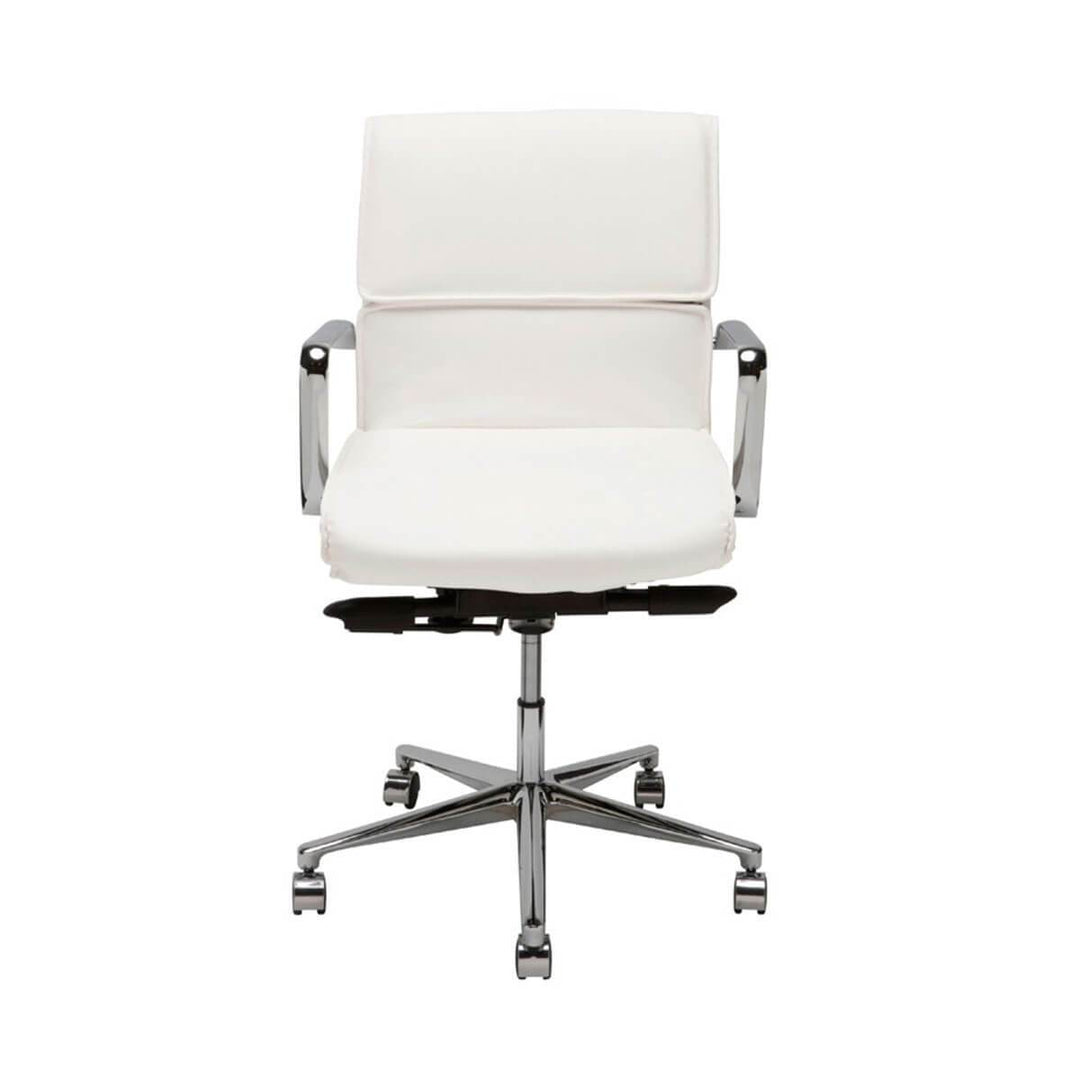 Modern, fully adjustable desk chair with a white leather seat and chrome base.