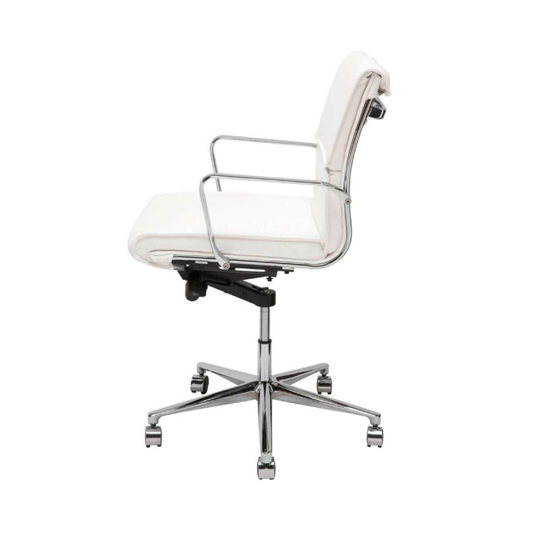 White leather office chair with chrome base and adjustable seat.