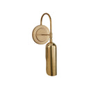The Lucien Functional Wall Sconce has a sleek wall light with a round backplate, hooked arm and pill shaped lamp shade in an antique burnished brass finish.
