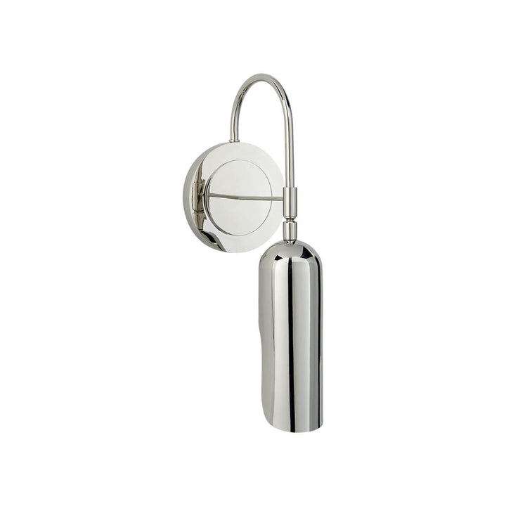 The Lucien Functional Wall Sconce has a sleek wall light with a round backplate, hooked arm and pill shaped lamp shade in a polished nickel finish.