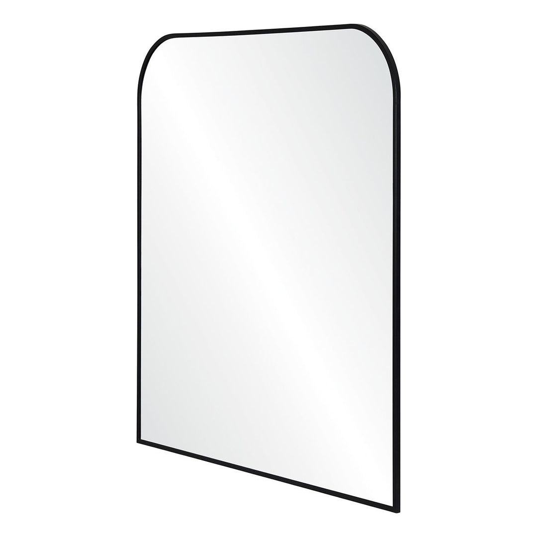 Minimal mirror with a thin, black iron frame and rounded top corners.