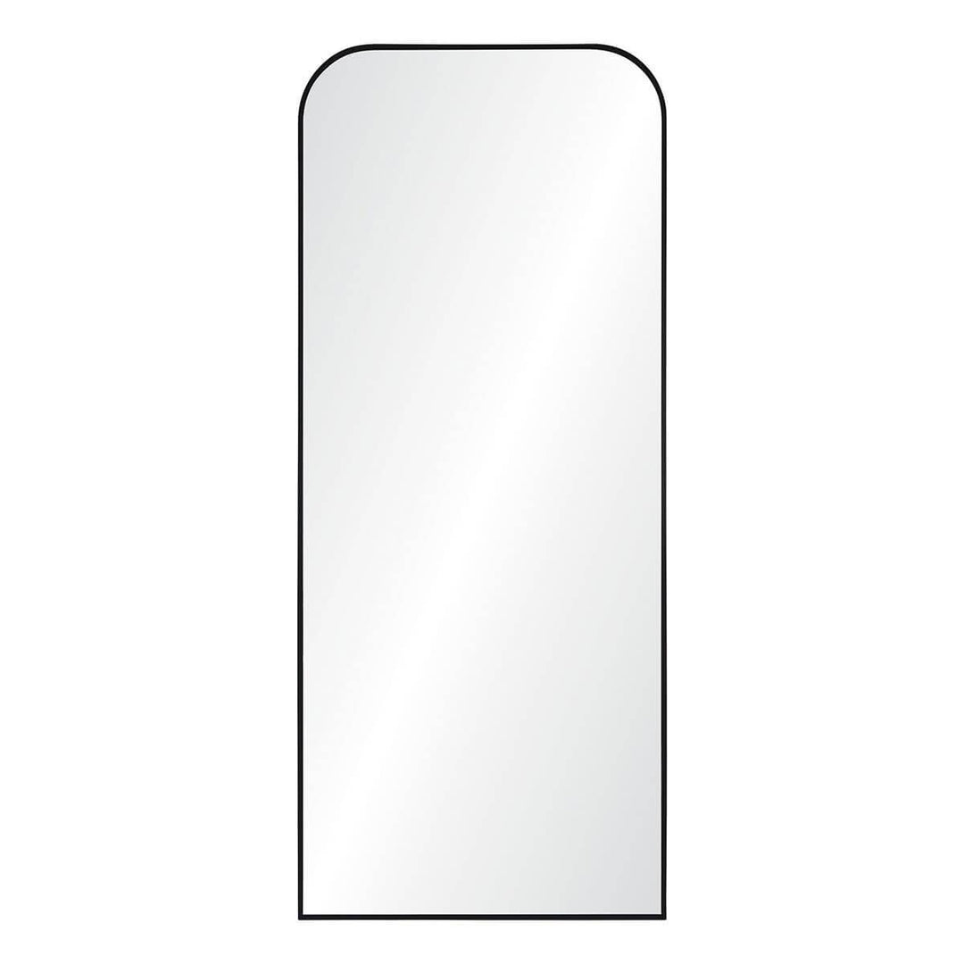 The Mandolin Mirror is a full length mirror with a thin black iron frame and rounded top corners.