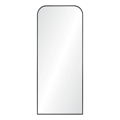 The Mandolin Mirror is a full length mirror with a thin black iron frame and rounded top corners.