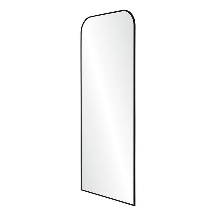 Minimal full length mirror with a thin black frame and rounded top corner details for a modern look.