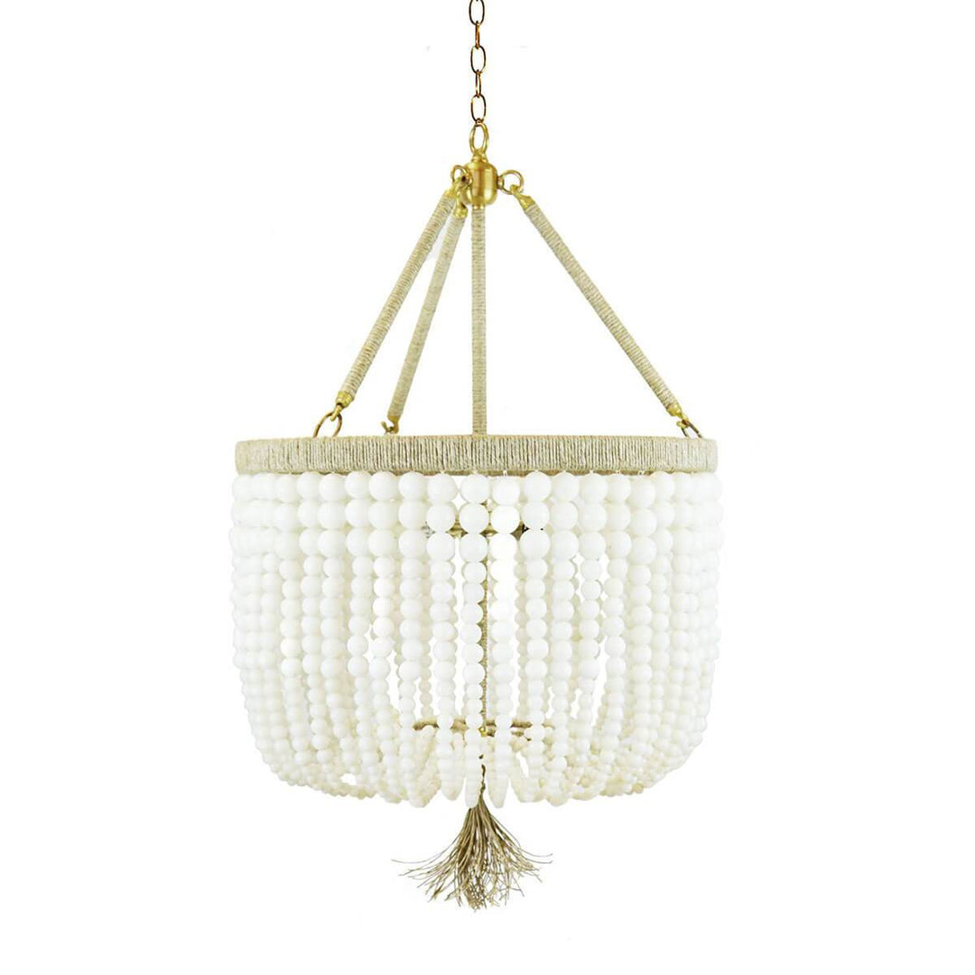 The Latigo Small Chandelier has milk beads and natural hemp accents with brass hardware.