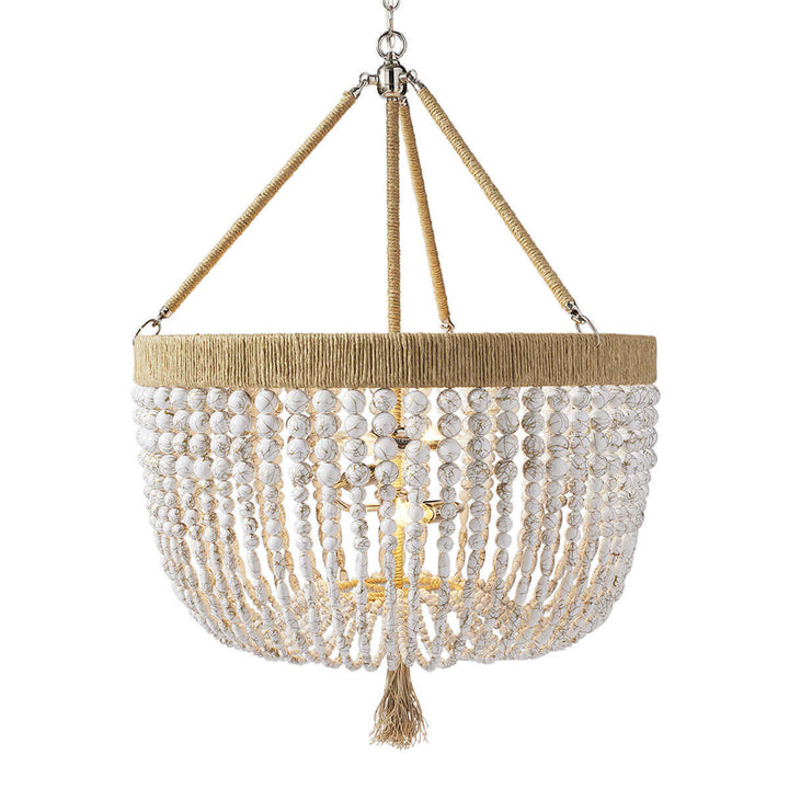Bohemian chandelier with white swirl beads, natural hemp fringe and frame and polished nickel hardware.