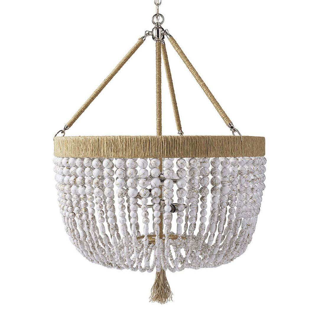 The Latigo Medium Chandelier is a hand-beaded chandelier with white swirl beads, natural hemp accents and brass hardware.
