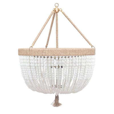 The Latigo Medium Chandelier is a hand-beaded chandelier with white milk beads, natural hemp accents and brass hardware.