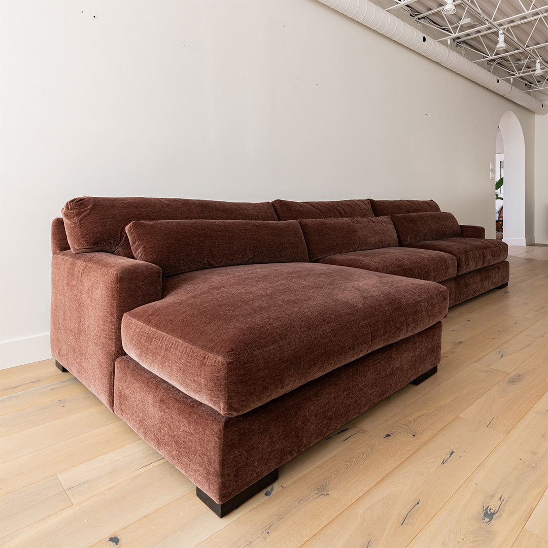 Custom 2 piece sectional sofa with a textural burgundy velvet upholstery.