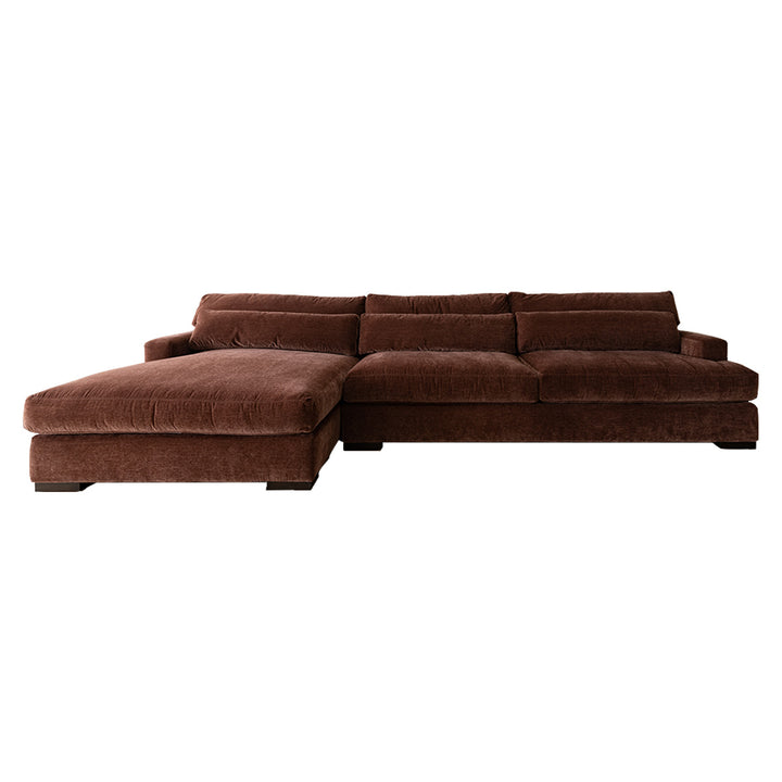 Large sectional, 2-piece sofa with a custom burgundy velvet upholstery. Left facing sofa.
