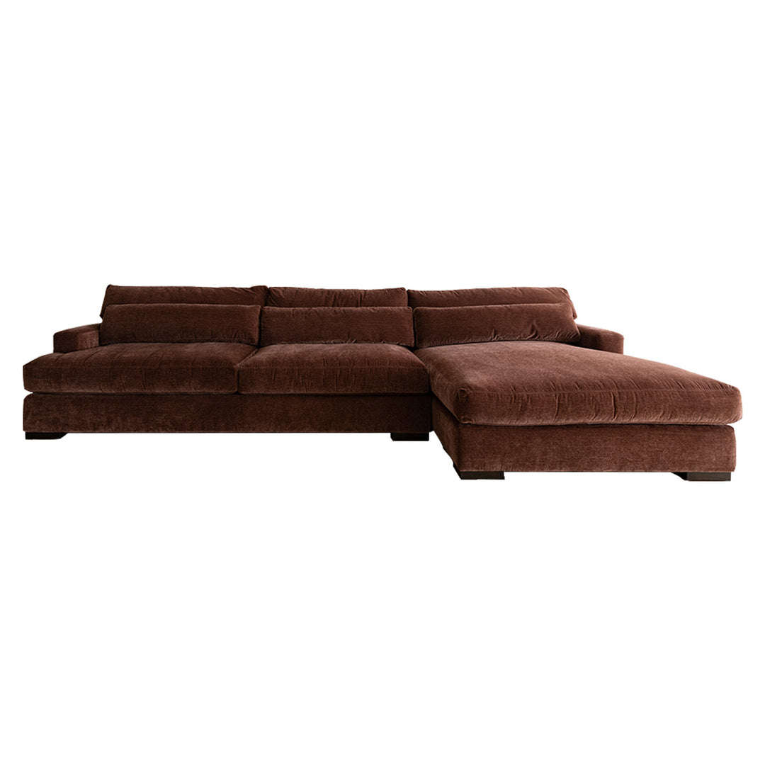 Large sectional, 2-piece sofa with a custom burgundy velvet upholstery. Right facing sofa.