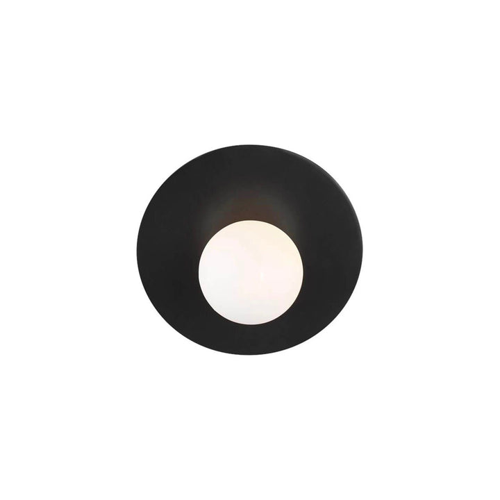 A modern wall sconce in a midnight black finish with a globe shaped bulb.