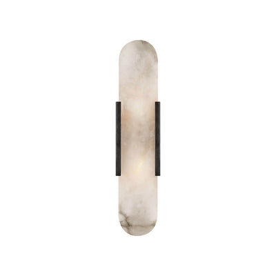 The Melange Elongated Wall Sconce has an alabaster shade with a bronze metal clip and backplate.