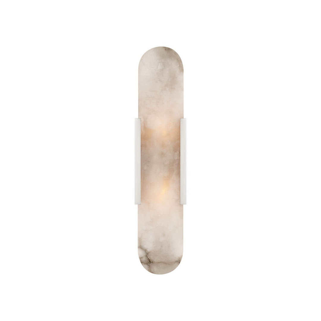 The Melange Elongated Wall Sconce has an alabaster shade with a polished nickel metal clip and backplate.
