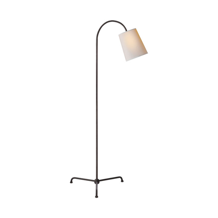 The Mia Floor Lamp has a tripod base and a hooked top in an aged iron finish with a natural paper shade.