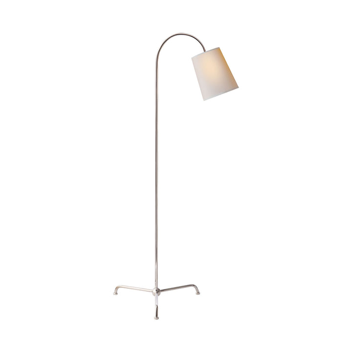 The Mia Floor Lamp has a tripod base and a hooked top in a polished nickel finish with a natural paper shade.