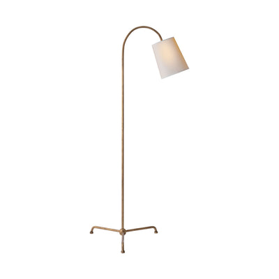 The Mia Floor Lamp has a tripod base and a hooked top in a gilded iron finish with a natural paper shade.