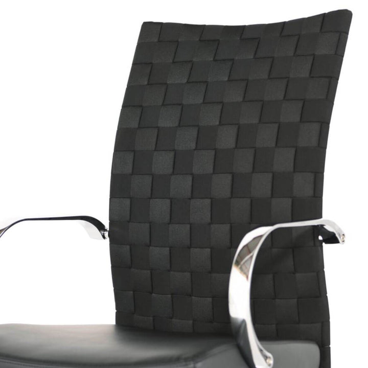 Black, faux leather woven seat back on the modern desk chair.