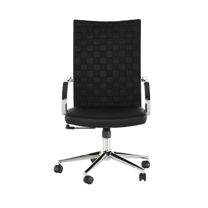 Modern black leather office chair with fully adjustable seat and woven details.
