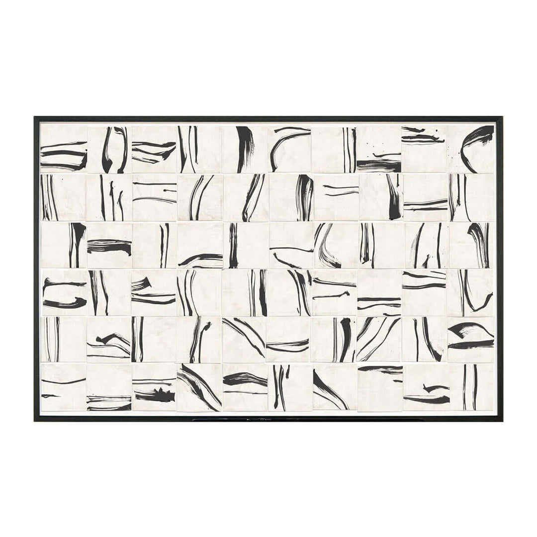 The Mid-Mark Collage is a compilation of 60 black and white ink drawings collaged in one piece with a deep, inset frame.