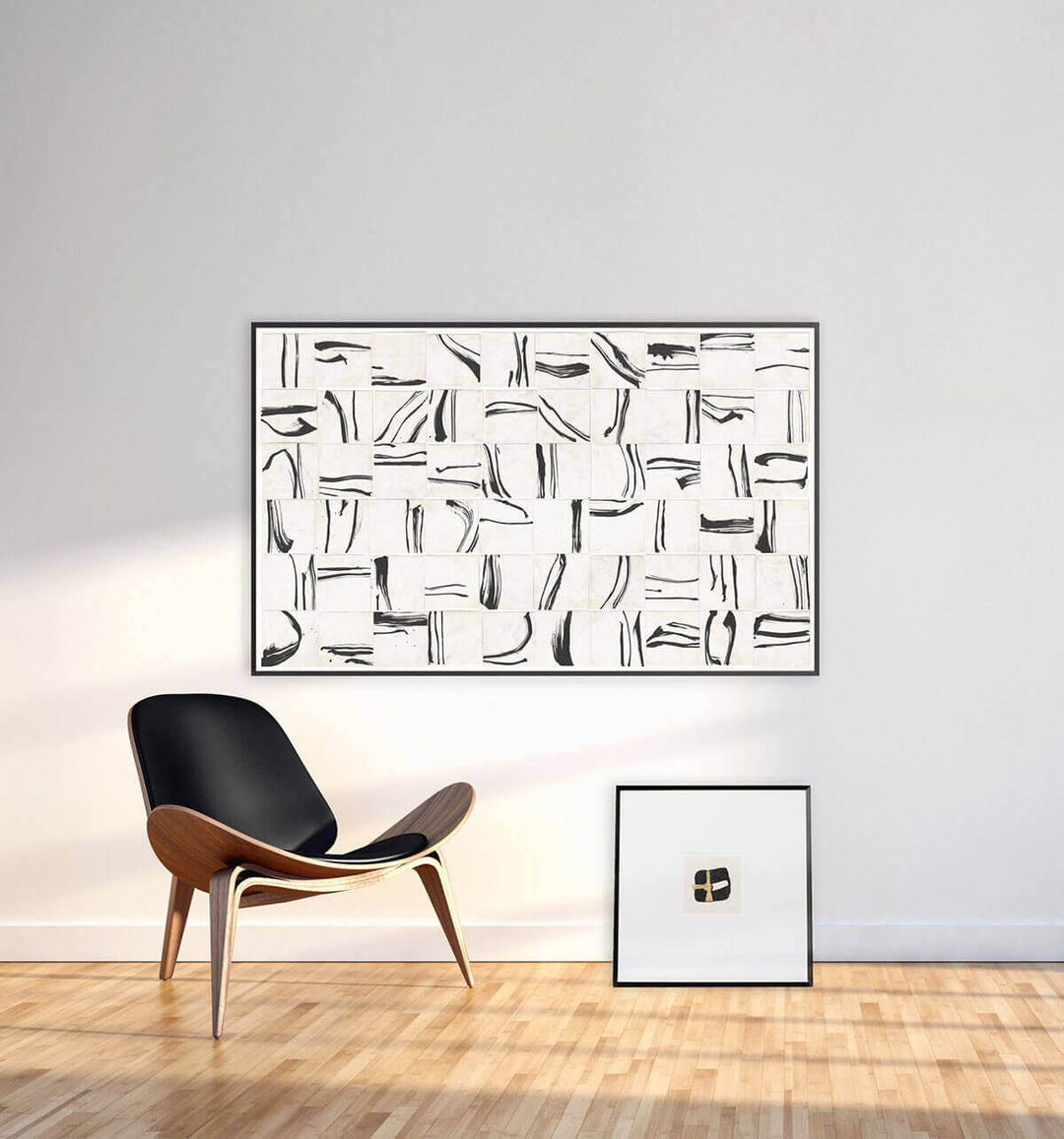 Abstract, black and white ink drawing collage in a modern living room.