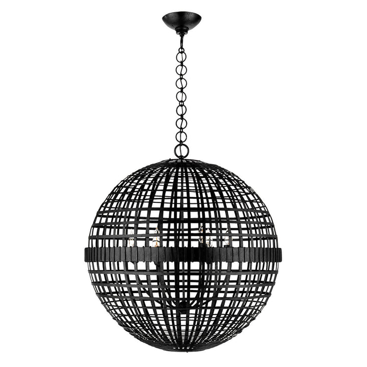 The Mill Globe Lantern is a large aged iron pendant light with a globe shade and a chain hanger.